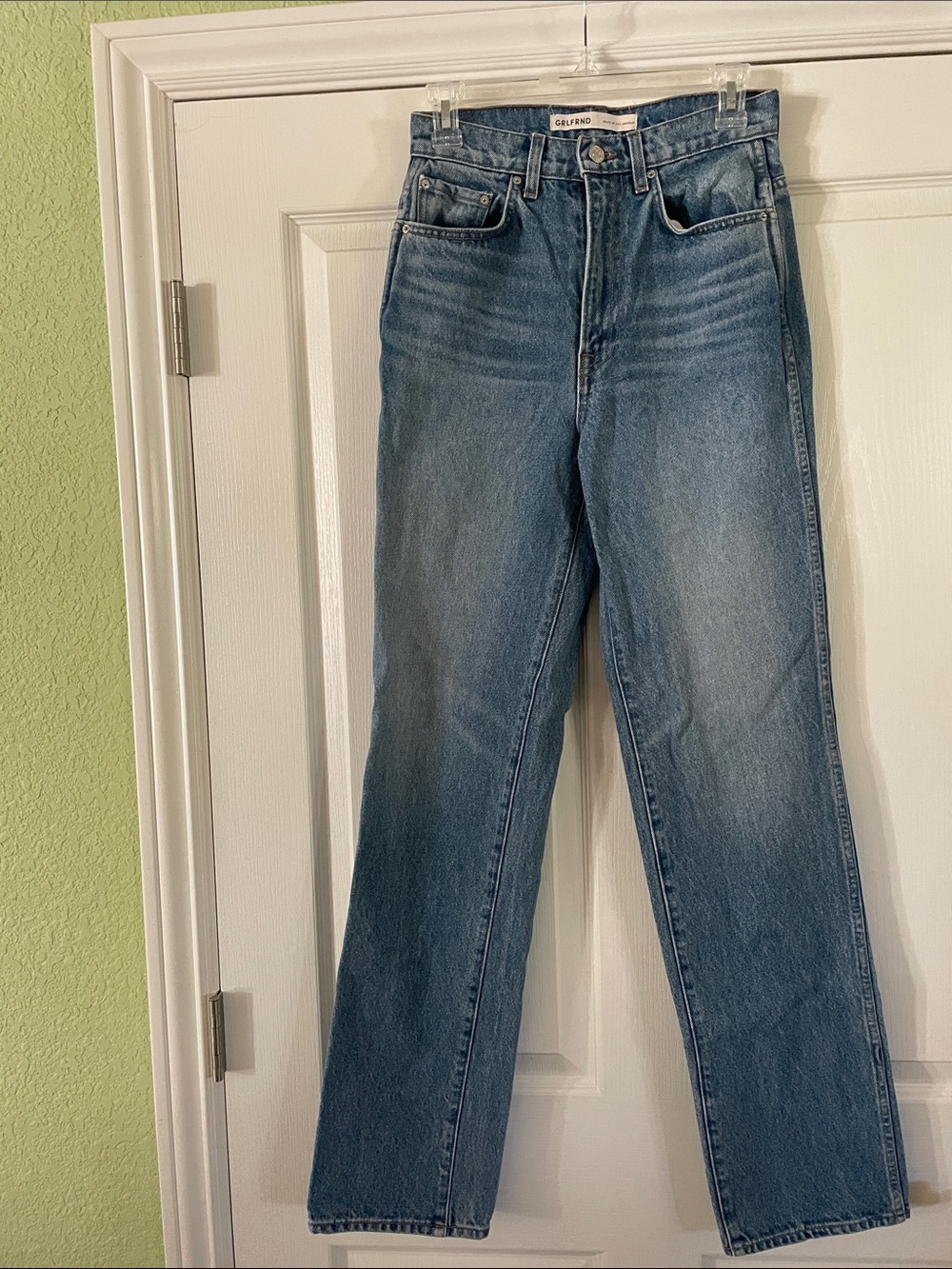 GRLFRND Straight Leg High-Rise Jeans in Blue Wash 26